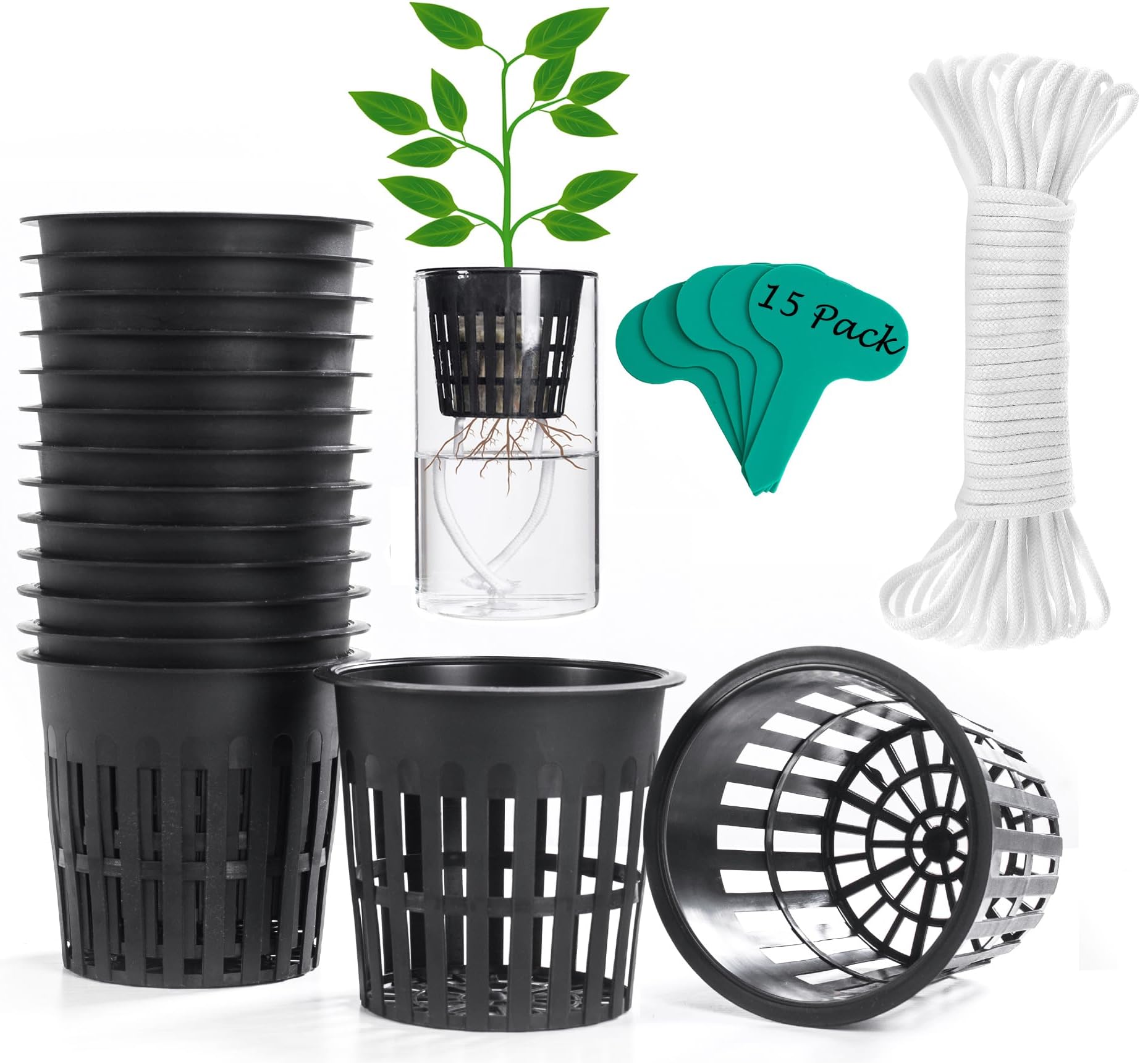 ORIMERC 15 Pack 4 inch Net Cup Pots with 15 feet Hydroponic Self Watering Wick for Aquaponics Buckets Insert Orchid Kratky Vegetable Garden Gardening Growing Netted Baskets Slotted Mesh Wide Lip Rim