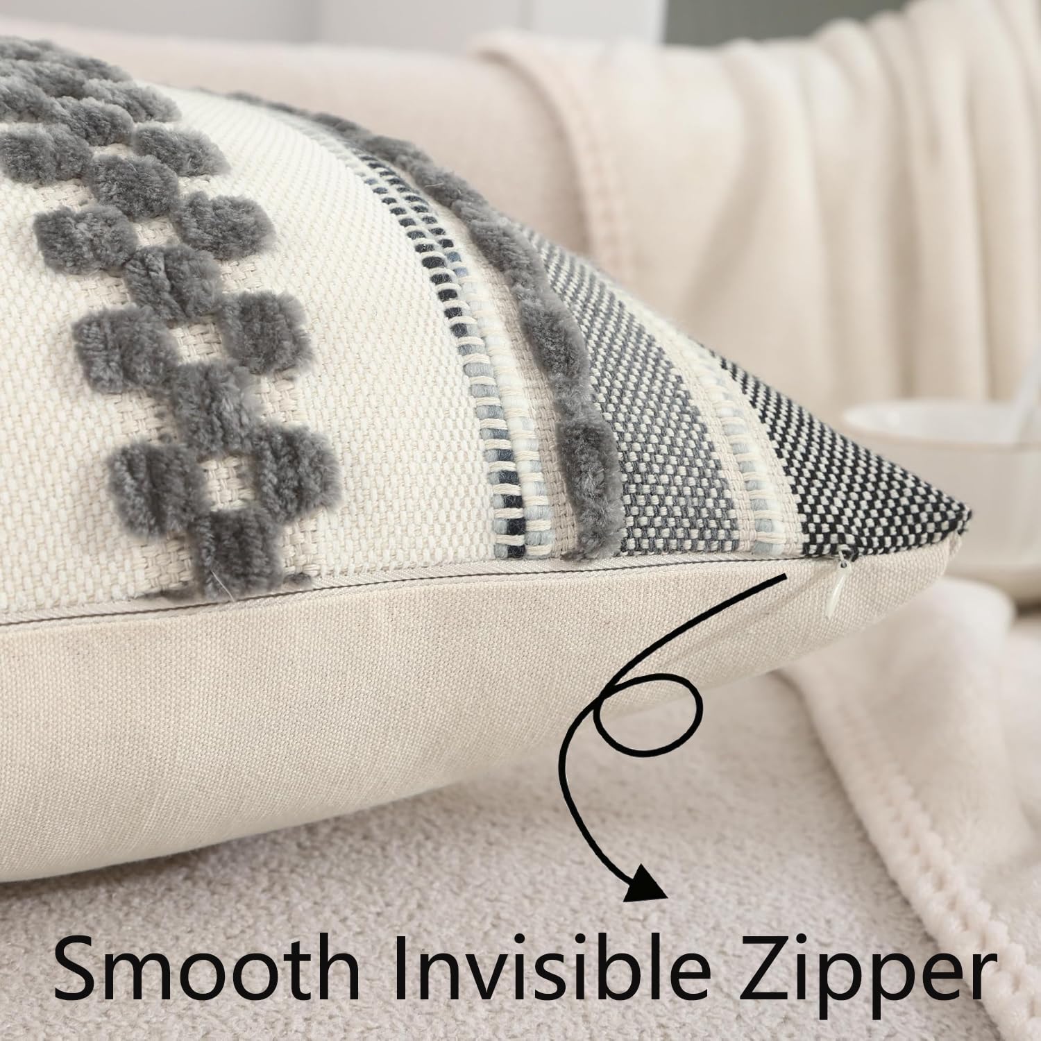 Tosleo Chenille Gray Stripe Throw Pillow Cover Farmhouse Pillow Covers 18x18 Set of 2 Boho Throw Pillow Covers Striped Decorative Pillows Cushion Covers for Couch Sofa Bedroom - Image 3