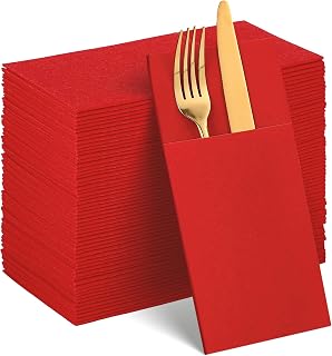 60 Pcs Red Linen-Feel Paper Napkins with Built-in Flatware Pocket, Christmas Pocket Linen Napkins Prefolded Cloth Like Paper Napkin Bulk for Christmas Silverware Birthday Bathroom Weddings Party