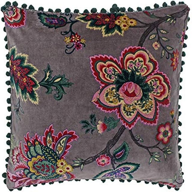 Riva Paoletti Palampur Cushion Cover - Mink Purple - Indian Floral Print - Faux Velvet Fabric - Pink Pompom Edges - Machine Washable - 100% Cotton - 50 x 50cm (20" x 20" inches)