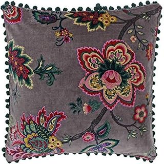 Riva Paoletti Palampur Cushion Cover - Mink Purple - Indian Floral Print - Faux Velvet Fabric - Pink Pompom Edges - Machine Washable - 100% Cotton - 50 x 50cm (20" x 20" inches)