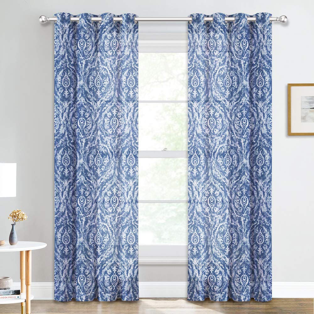 NICETOWN Paisley Print Sheer Curtains - Eyelet Top Vintage Style Semi-Sheer Window Coverings Innovative Damask Floral Pattern Window Draperies for Hall & Porch (W52 x L95 Inch, 1 Pair, Indigo)