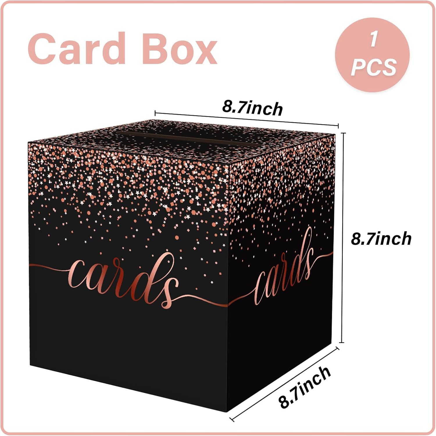 1 Pack Black and Rose Gold Card Box for Party, 8.7" Black Gift Card Box Money Box for Birthday, Wedding, Baby Shower, Retirement, Anniversary, Bridal Shower, Raffle Ticket