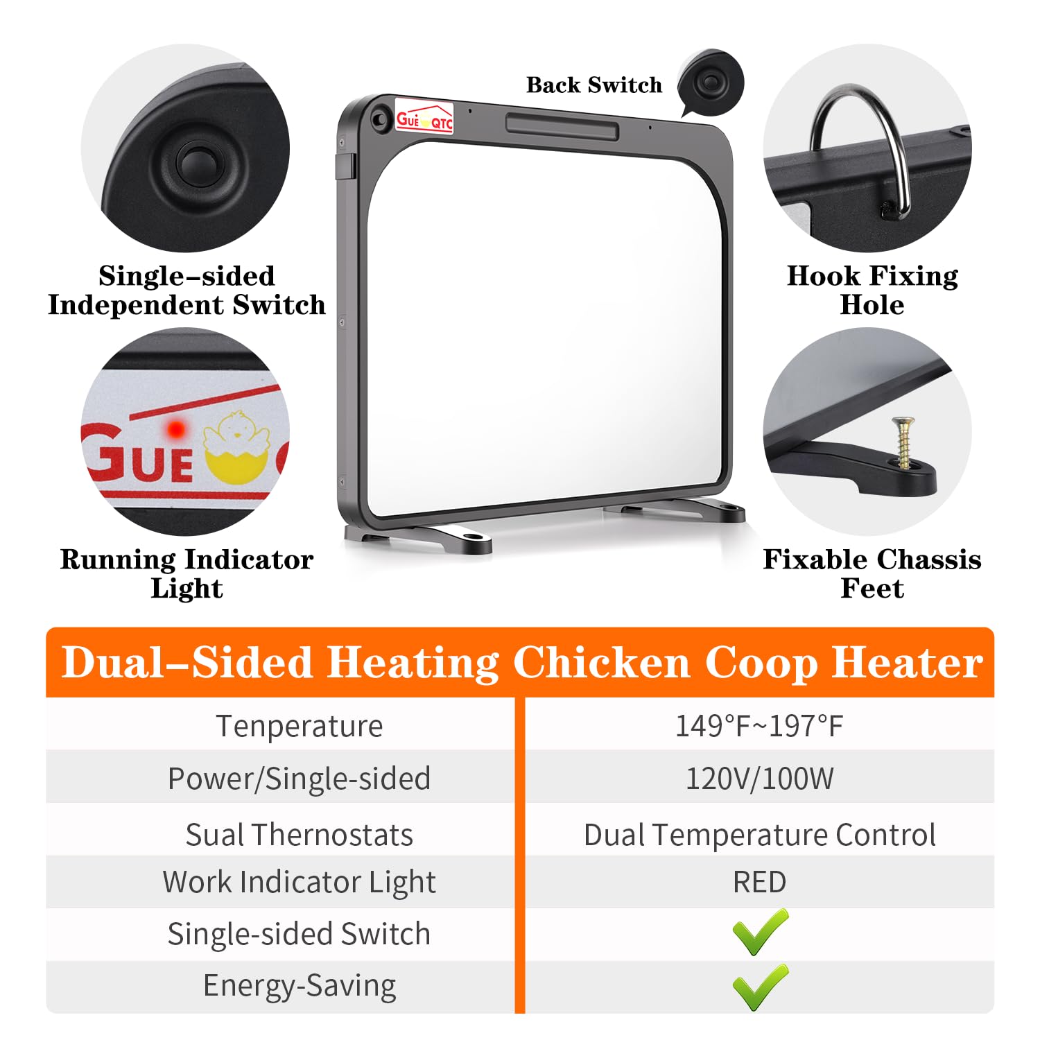 DualSided Heating Chicken Coop Heater, 2X100W Energy