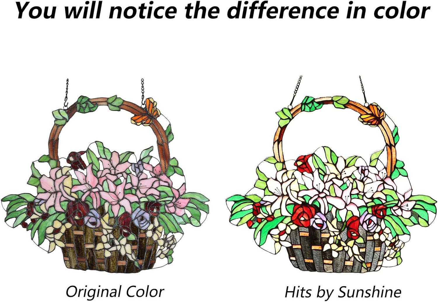 Bieye W10037 Lily and Rose Flower Gaily Decorated Basket Tiffany Style Stained Glass Window Panel with Chain, 24" W x 20" H