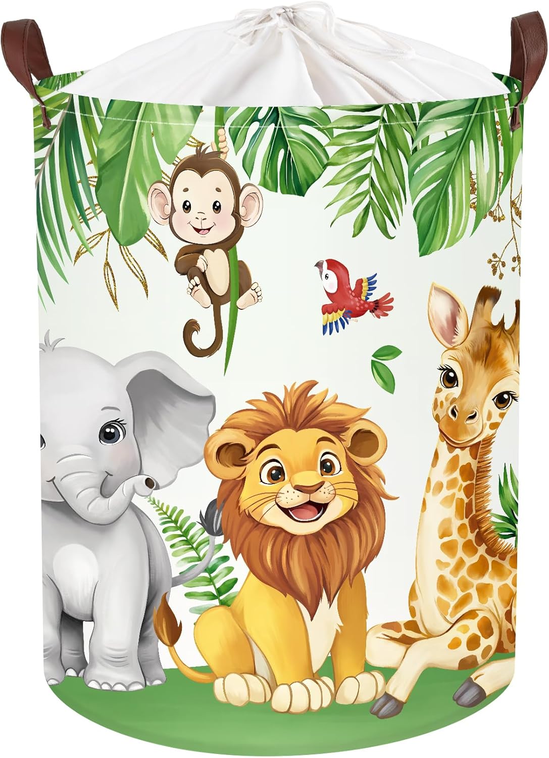 Clastyle Safari Animal Laundry Basket Leaf Kids Clothes Book Storage Basket Gift Toy Box for Bedroom Decor,Elephant Lion Giraffe,36x45 cm