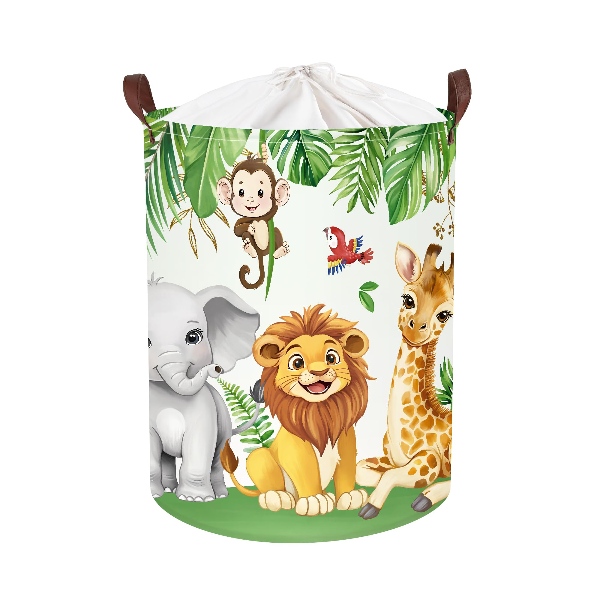 Clastyle Forest Animal Baby Laundry Hamper Collapsible Leaf Clothes Kids Storage Basket Waterproof Boys Girls Toy Box for Nursery Room, Elephant Lion Giraffe, 36x45 cm