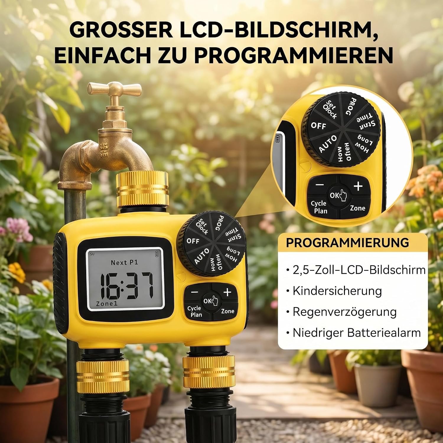 MQUPIN Ordenador de riego, 2 salidas, conexiones de latón | Temporizador de agua LCD con retardo de lluvia, protección para niños, IP55, doble zona, para jardín, césped, huertos