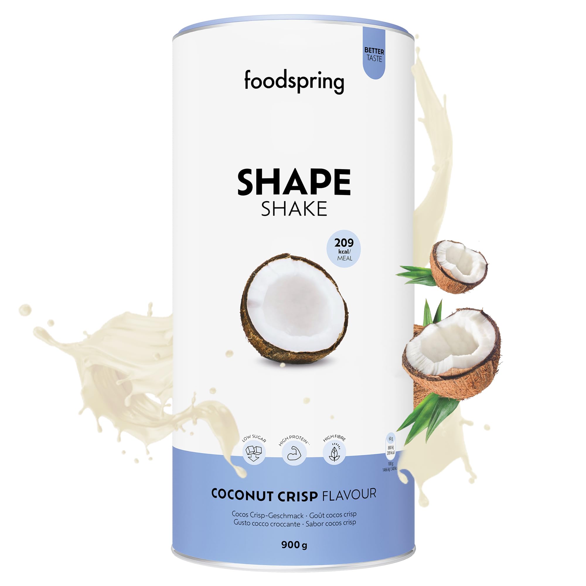 foodspring Shape Shake Cocos Crisp - batido completo, sustitutivo de comida con proteína premium para controlar el peso, 209 kcal por ración, sin gluten - 900g