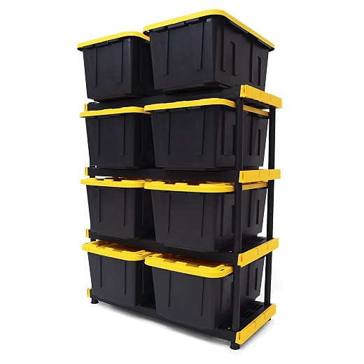 CX Black & Yellow®, Shelving Unit and Heavy Duty Storage Containers, Extremely Durable® (Shelf + 27 Gallon Container (8-Pack))