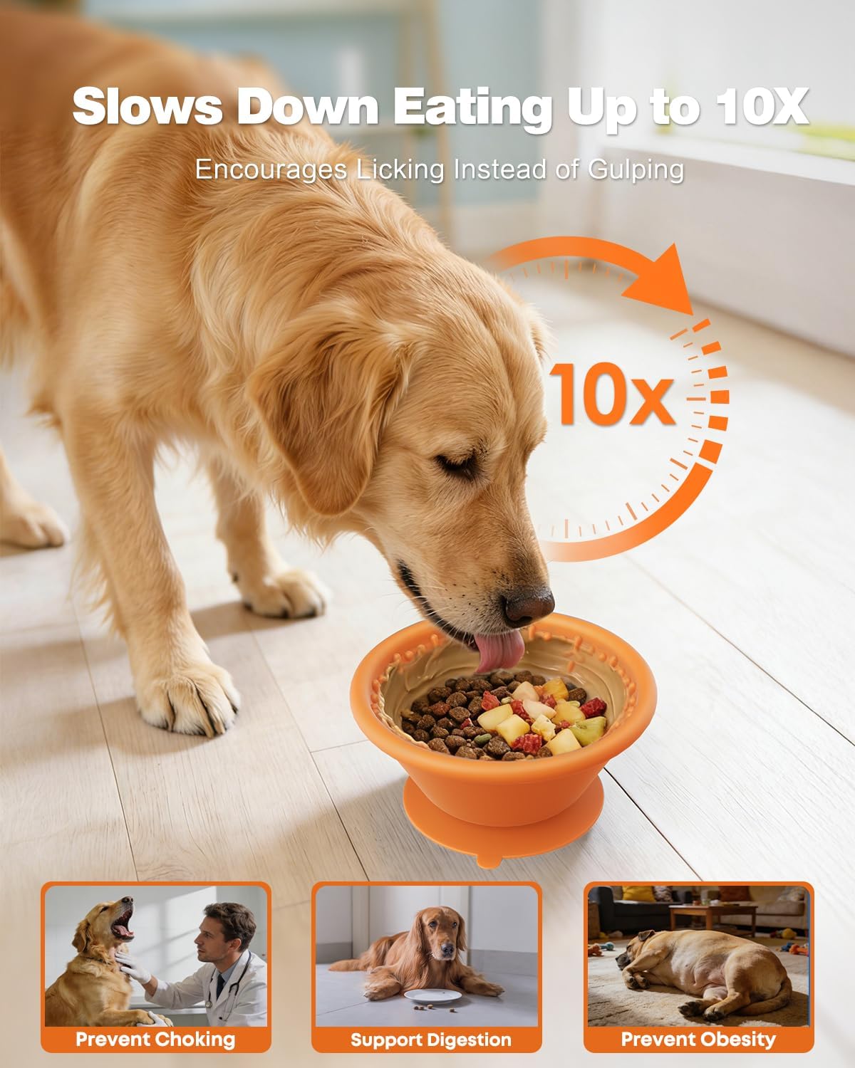 Slow Feeder Dog Bowl with Suction Cup & Reinforced Rim, 3-Cup Puzzle Maze Dog Lick Bowl for Anxiety Relief, Anti-Choking & Non-Slip, BPA-Free Silicone, for Small to Large Breeds (Orange)