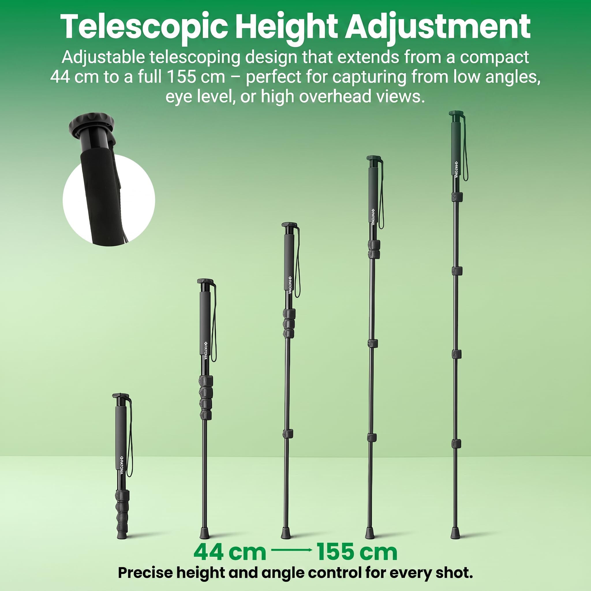 PATONA Treppiede monopiede telescopico di alta qualità, leggero design telescopico in alluminio robusto, treppiede per fotocamera Gezi Mono One, monopiede fino a 155 cm, filettatura da 1/4 e 3/8