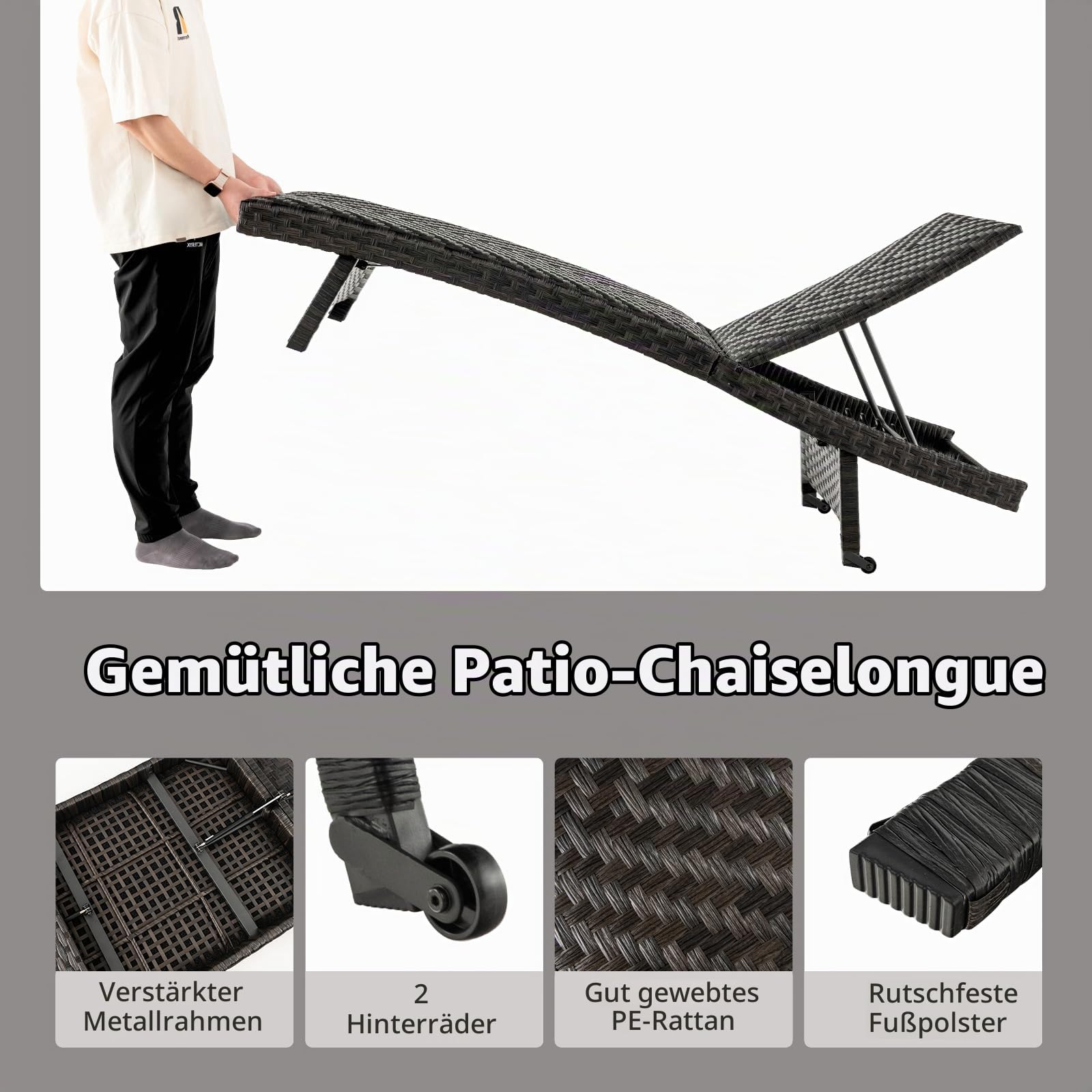 LIFEZEAL Klappbare Gartenliege Polyrattan, Relaxliege Sonnenliege mit 2 Rollen, Liegestuhl mit 5-Fach Verstellbarer Rückenlehne, Wetterfeste Rattanliege für Garten, Balkon und Terrasse, bis zu 150 KG