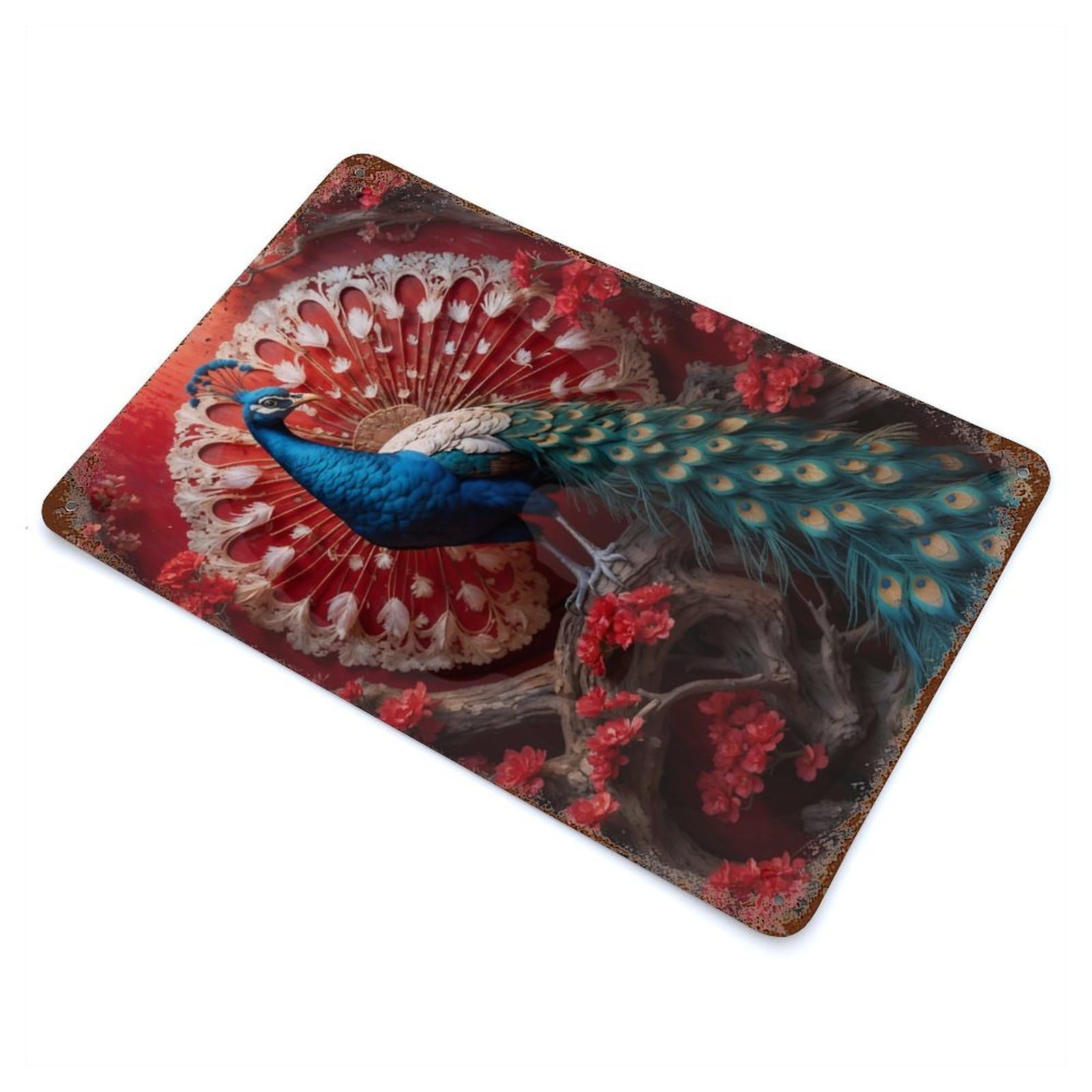 Rust Effect The Peacock in Bloom Rustic Tin Plaque 11.8"x7.9", Shabby Chic Decor for Basement, Hobby Room And Garage Decor