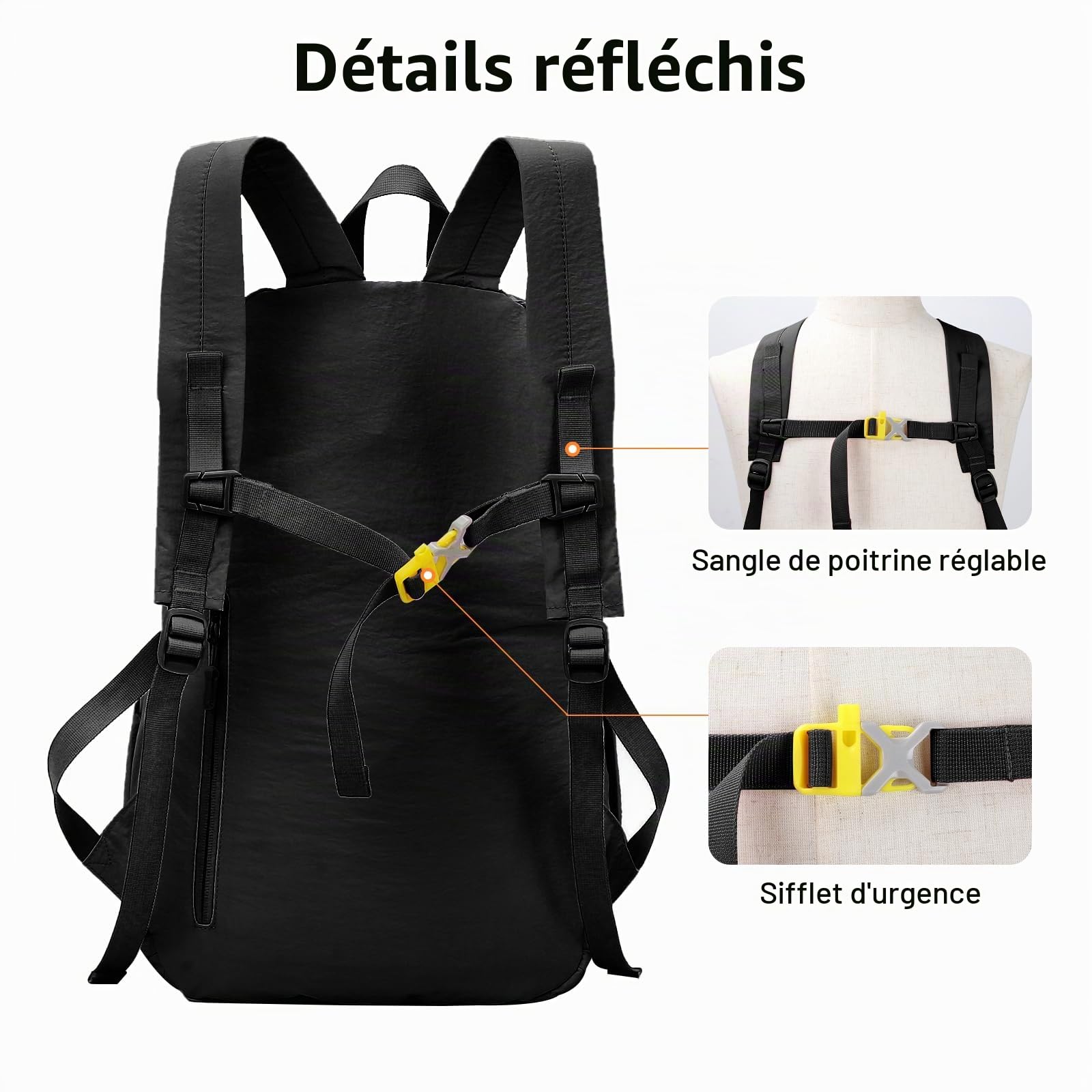 25L Sac a Dos Pliable Femme Homme, Petit Sac a Dos Randonnee avec Poche Humide, Ultraléger Sacs Randonnée Etanche, Sacs a Dos Sport pour Voyage Loisir, Noir