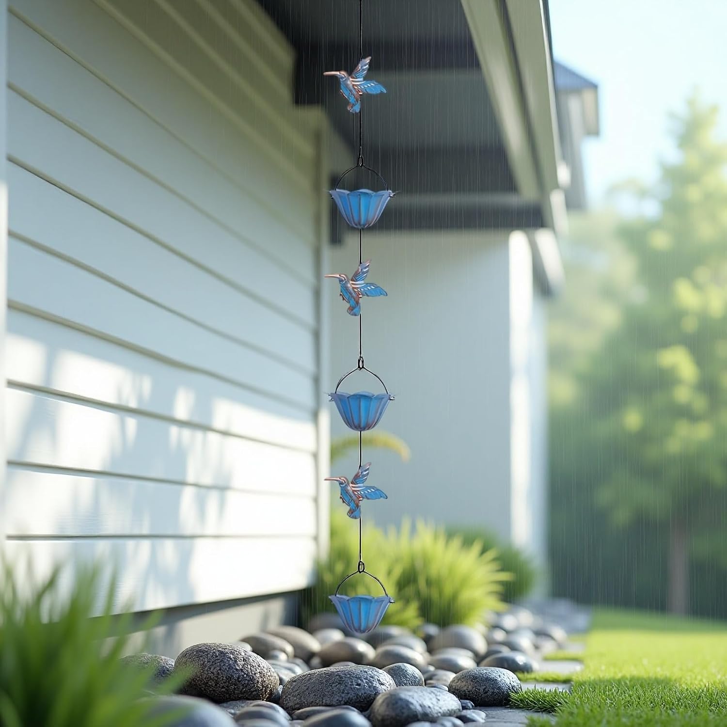 Outdoor Drainage Metal Rain Chains With 7 Lotus Cups And 8 Bird Pendants, 94.5 In, Blue Vintage Hummingbird Rain Chains For Gutters