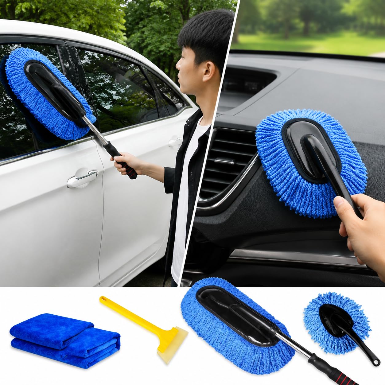 2er Set Waschbürste Auto Mikrofaser Chenille, Teleskop Reinigungsbürste 70-85 cm ausziehbar, kratzfreie Autobürste für Wohnmobil LKW, Winter kit: Blauer großer Pins