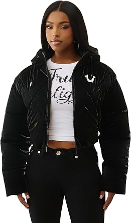 True Religion Womens High Shine Foil Hooded Puffer Lightweight & Comfortable Winter Jacket