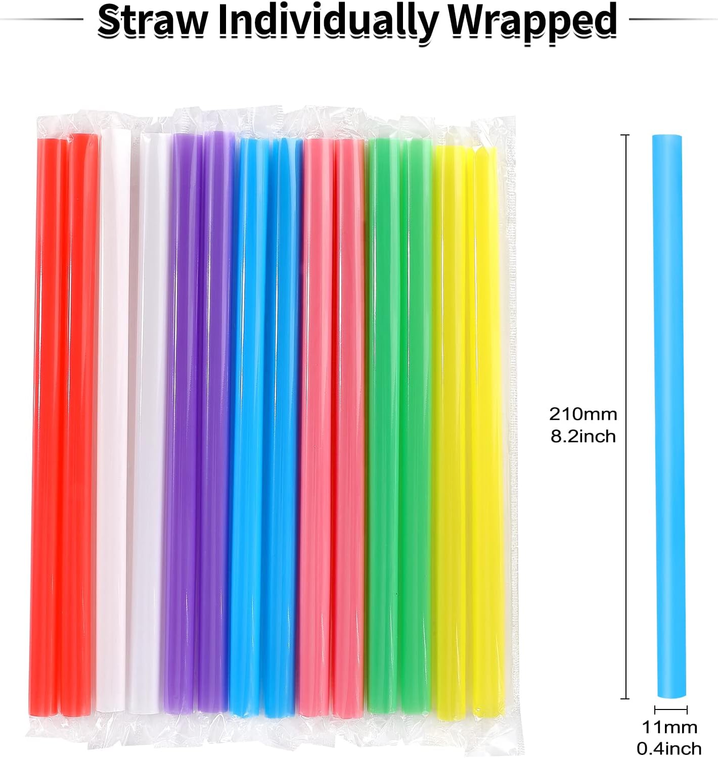 [300 Pcs] Boba Smoothie Individually Wrapped Straws - Jumbo Large Plastic Disposable Bubble Tea Milkshake Colorful Drinking Straws(8.2" long and 0.43" Diameter)