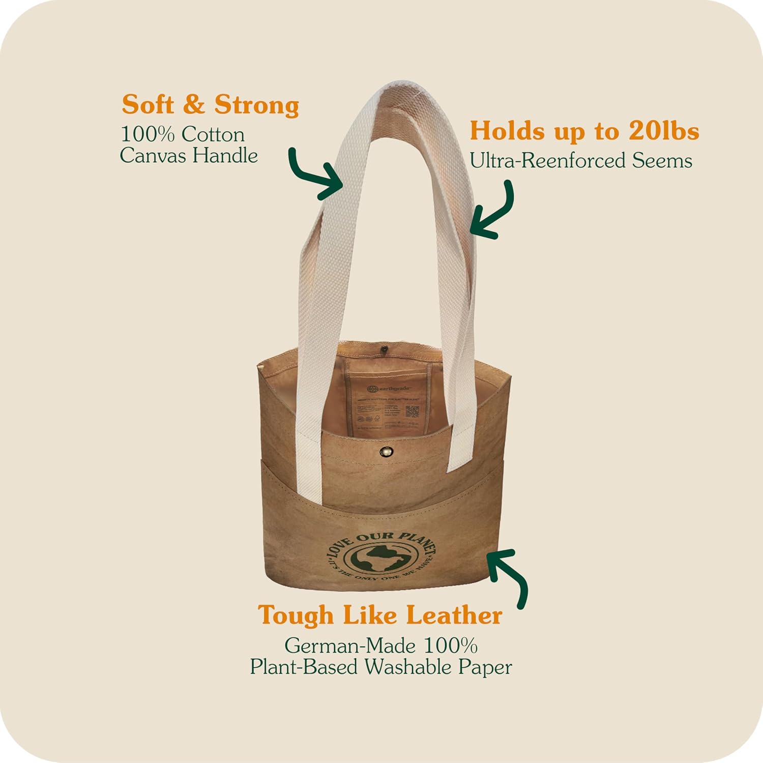 Reusable Grocery Bag – Large Sustainable Washable Paper Tote with Reinforced Seams. Foldable and Durable. image 5