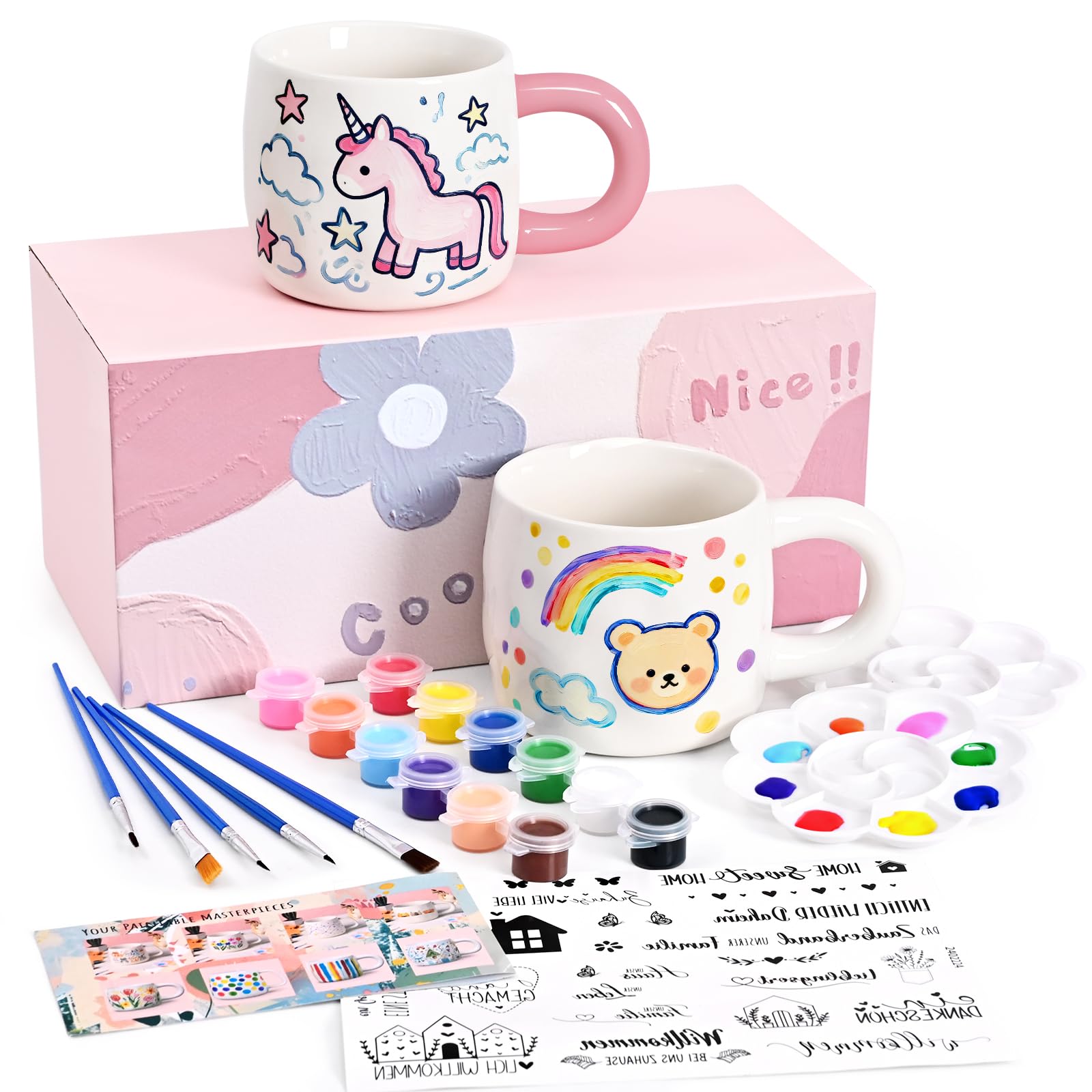 Joymaking Pottery Painting Kit for Adults Ceramic Painting Set Includes Mugs, Brushes, Paints and Tattoo for Mug Paint Kit Personalised Gift for All Paint Your Own Mug, 2 Pack