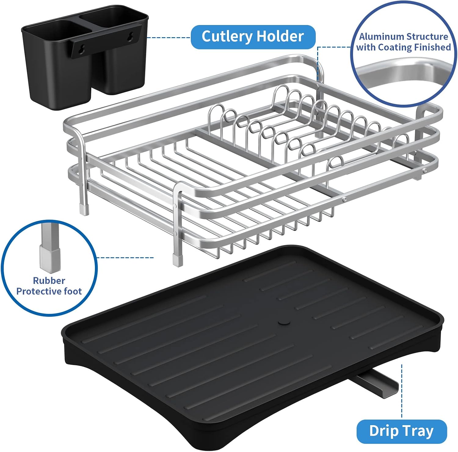 HOWDIA Dish Drying Rack with Drainboard, Aluminum Rust Proof Small Dish Rack and Drainboard Set with 360 Swivel Spout Dish Racks for Kitchen Counter