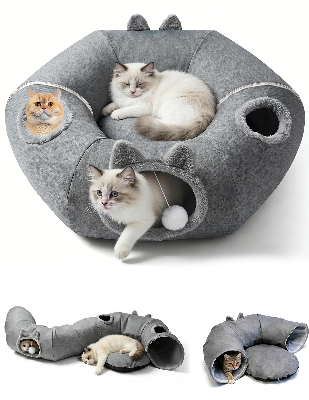 Katzentunnel aus Leinen für den Sommer, XXL Katzentunnel Große Katzen mit Schlafplatz & Bed Weiches, mit Zwei Eingängen Katzenhöhle & Hängende Bälle, Katzen Donut Cat Tunnel für Katze (Dunkelgrau)