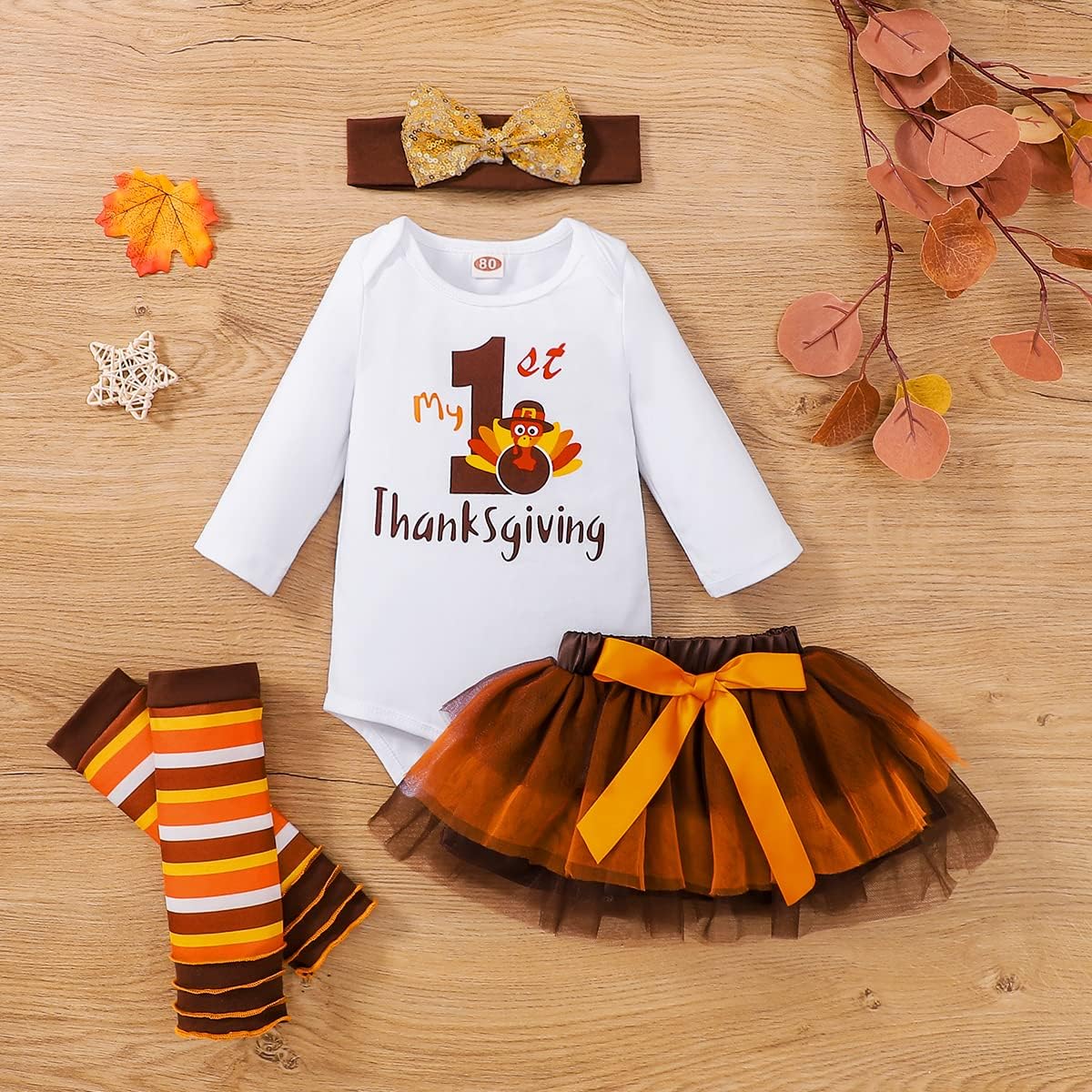 Baby Girl Thanksgiving Outfit My 1st Thanksgiving Romper+Tutu Skirt+Leg Warmers+Headband Clothes Set - Image 8