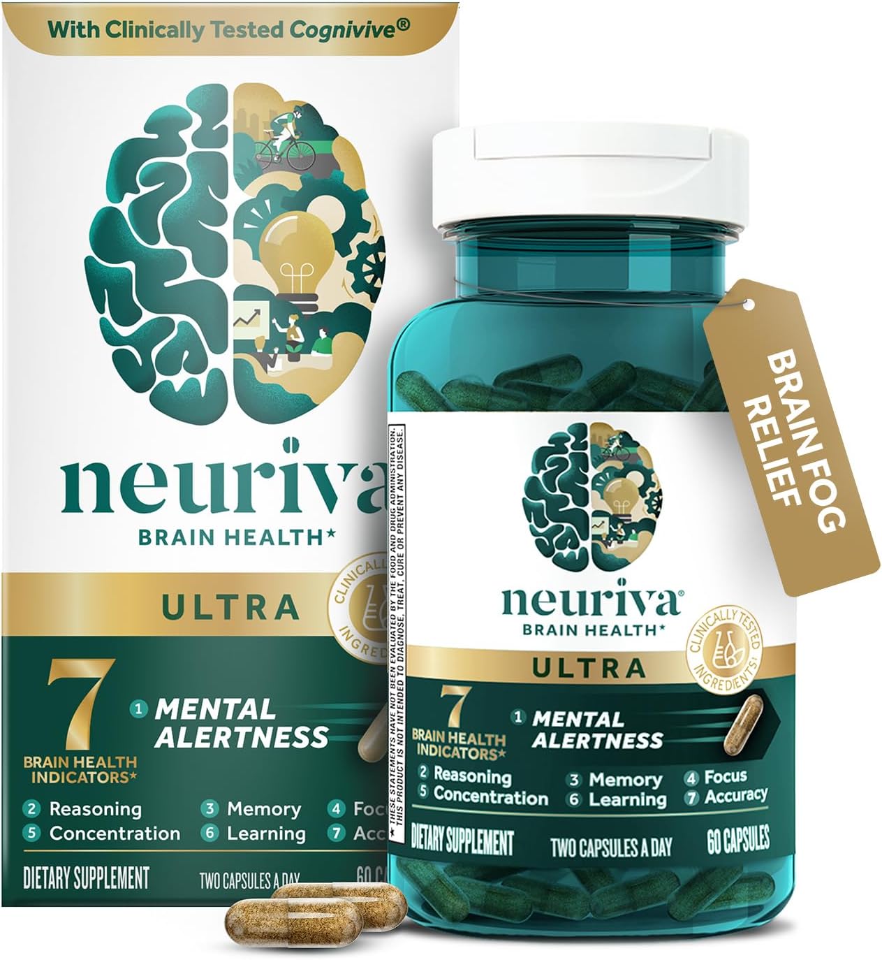 NEURIVA Ultra Brain Supplements for Memory and Focus, Phosphatidylserine, Cognivive, Neurofactor, Folic Acid, Vitamin B12 & Vitamin B6, 60 Count Capsules | Brain Supplements for Memory and Focus, Vitamin B12, Vitamin B6, Phosphatidylserine, Folate, Neurofactor, Cognivive