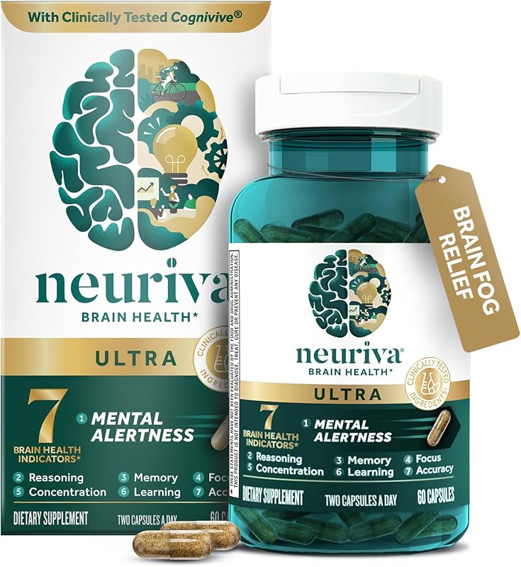 NEURIVA Ultra Brain Supplements for Memory and Focus, Phosphatidylserine, Cognivive, Neurofactor, Folic Acid, Vitamin B12 & Vitamin B6, 60 Count Capsules