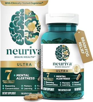 NEURIVA Ultra Brain Supplements for Memory and Focus, Phosphatidylserine, Cognivive, Neurofactor, Folic Acid, Vitamin B12 & Vitamin B6, 60 Count Capsules