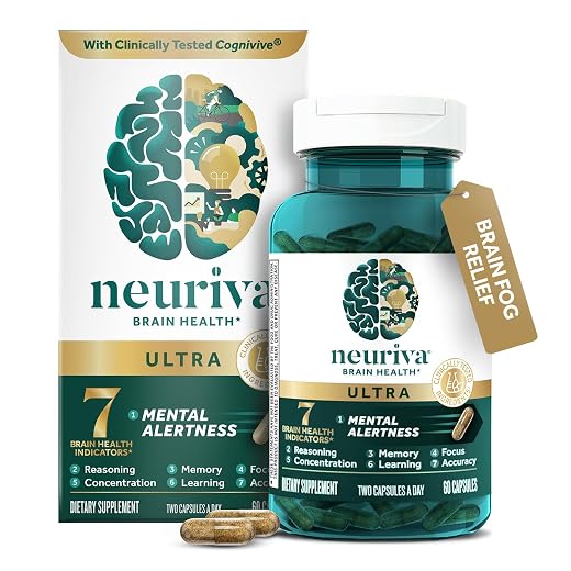 NEURIVA Ultra Brain Supplements for Memory and Focus, Phosphatidylserine, Cognivive, Neurofactor, Folic Acid, Vitamin B12 & Vitamin B6, 60 Count Capsules | Brain Supplements for Memory and Focus, Vitamin B12, Vitamin B6, Phosphatidylserine, Folate, Neurofactor, Cognivive