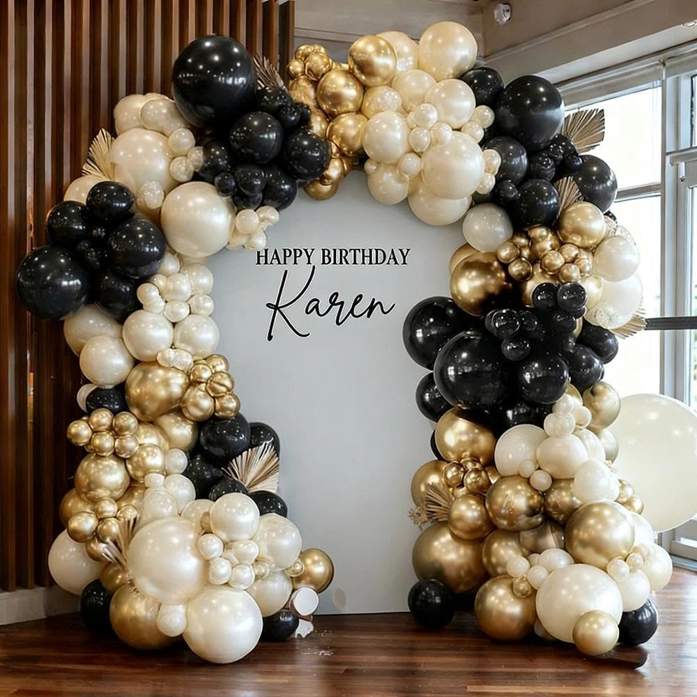 Black White Gold Balloon Garland Double Stuffed, Pearl Sand Champagne Gold Balloons Cream Beige Balloon Arch Kit for Birthday Graduation Wedding Bachelorette Engagement Party Decorations