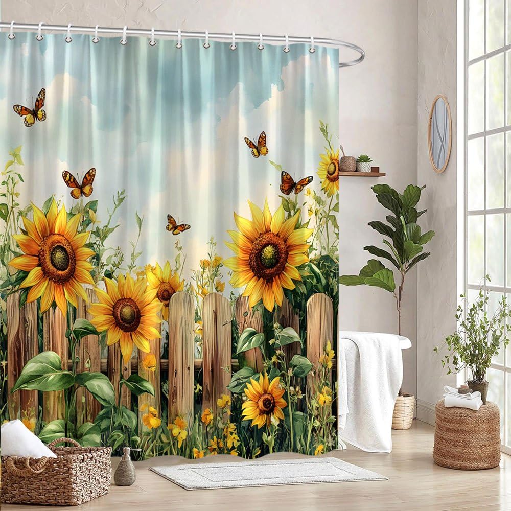 GLWDMB 1 Piece 180x180CM Sunflower with Butterflies Printed Shower Curtain With Hook, Polyester, for Windows And Walls, Bathtub, Bathroom, Machine Washable, All Season Universal