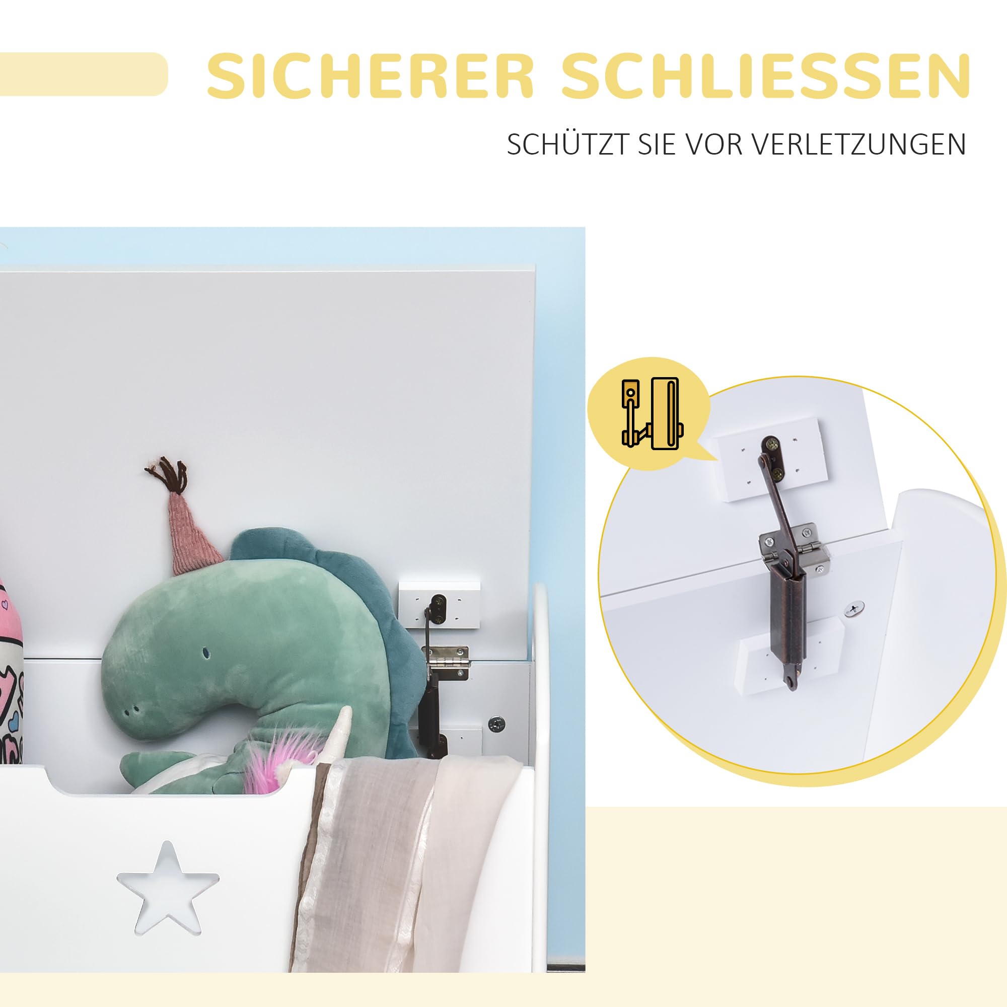 HOMCOM Spielzeugkiste aus Holz Sitzbank für Kinder Sitztruhe Aufbewahrungsbox für Kinderzimmer Bücher Spielzeug Spieltruhe für Kinder Sicherheitsscharnier Weiß 62 x 40 x 46,5 cm