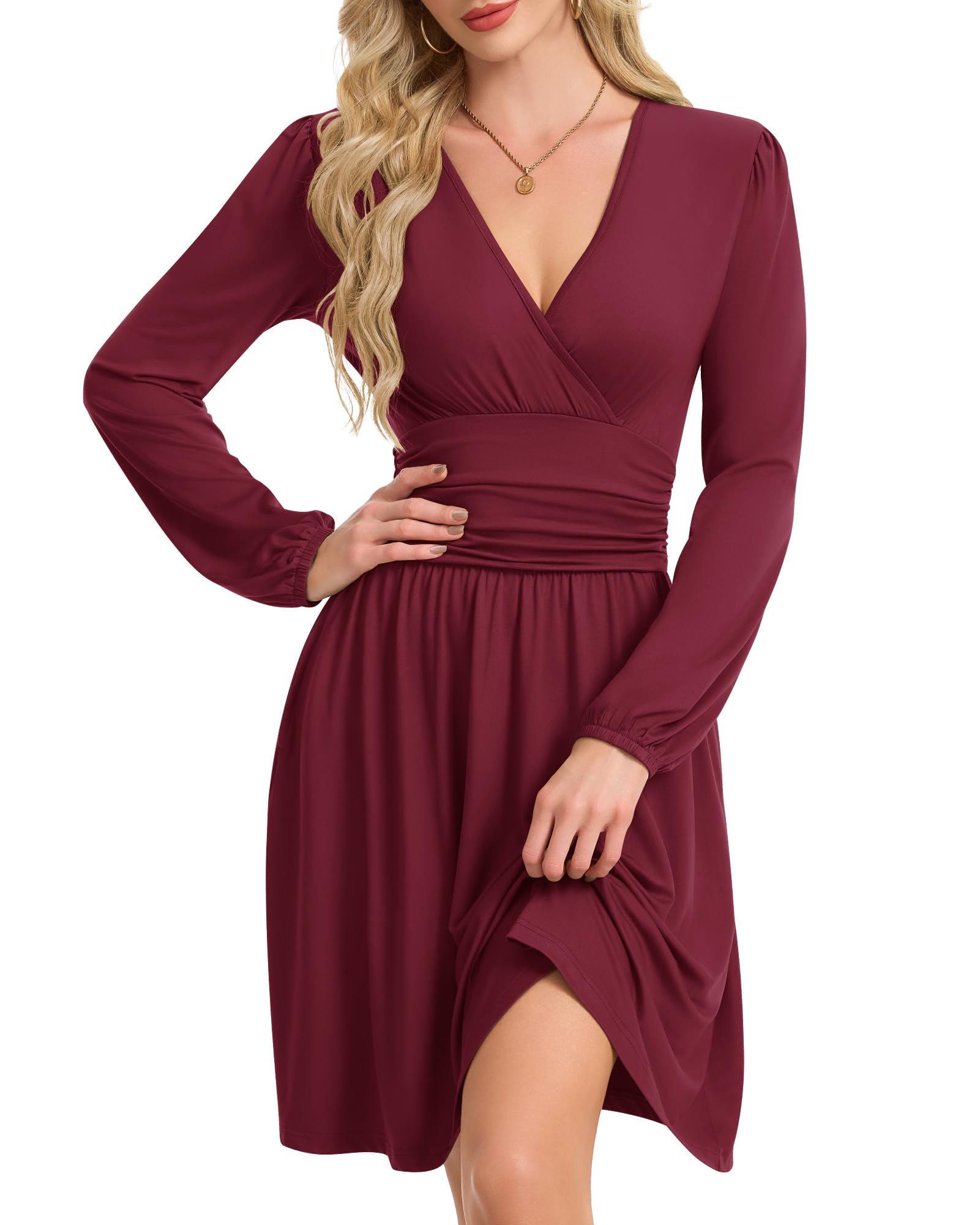 WNEEDU Damen Longarm Kleid Herbst V-Ausschnitt Elegant | A-Linien-Saum, mit Taschen, Knielänge, Leicht, Bequem, Wickeltaille, Casual pulloverkleid, Partytauglich