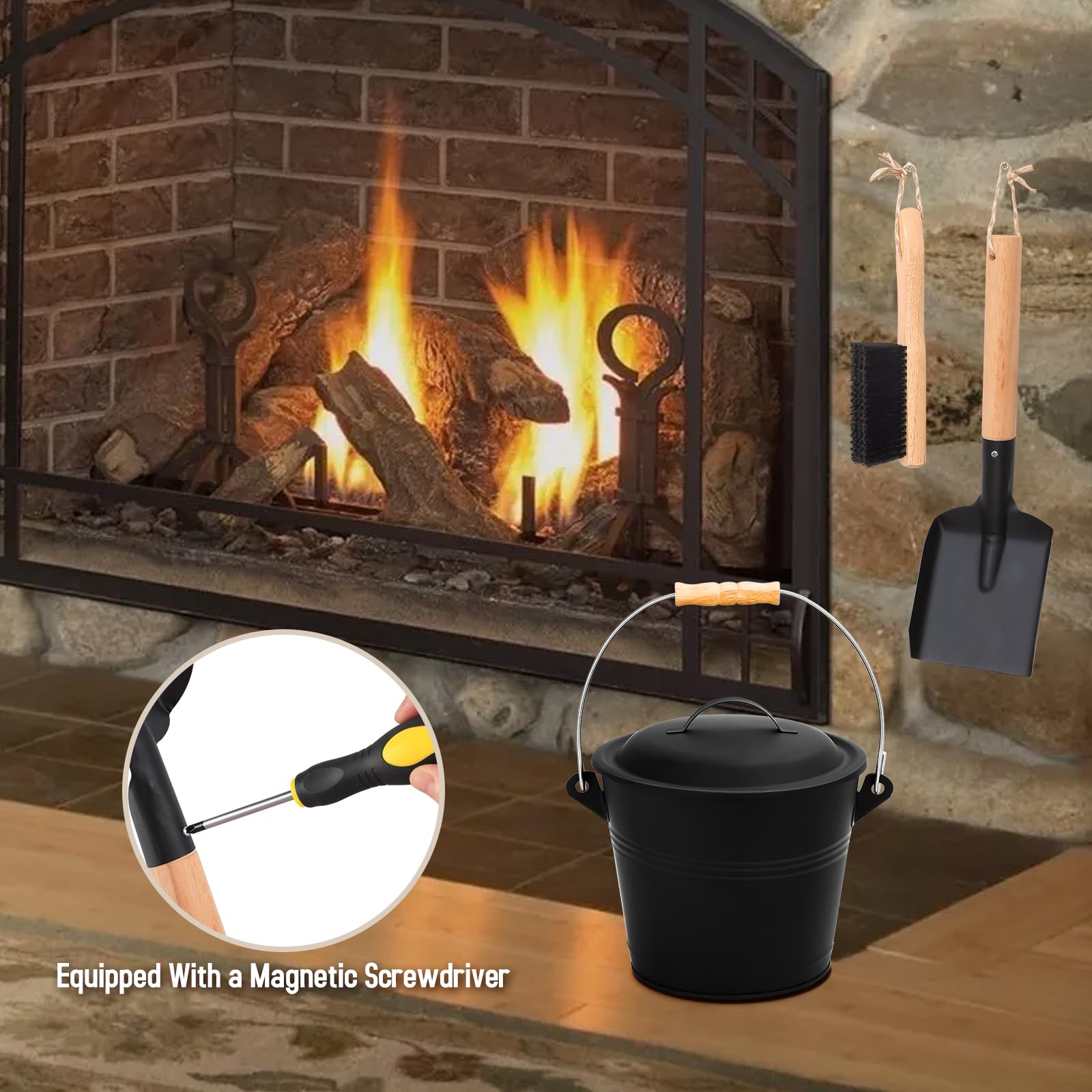 Mini cubo de cenizas con tapa, pala, escoba y destornillador, cubo de metal para chimenea de 1.3 galones, cubo de carbón de pellets para cenizas para chimenea, chimenea, estufas de leña 6