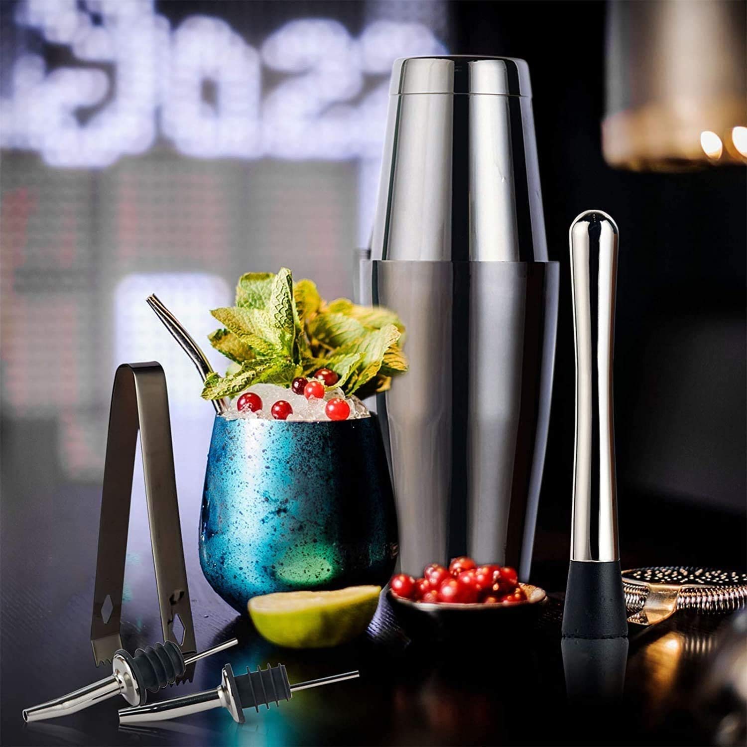 Coctelera de cóctel Kit de barman de 11 piezas - conjunto de agitadores de cóctel de acero inoxidable, herramientas de barra premium: agitador de martini, muddler, jigge, coladores, troncos de l