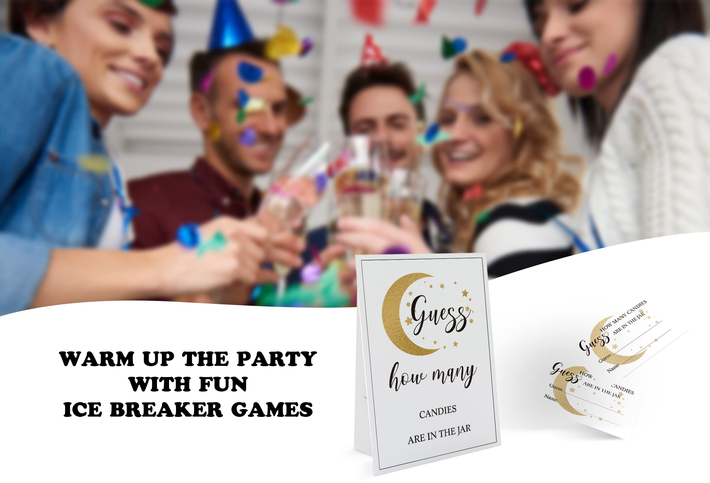 Candy Guessing Game Party Set – Includes 1 Standing Sign (8x11") & 50 Guess Cards, For Birthday & Baby Showers