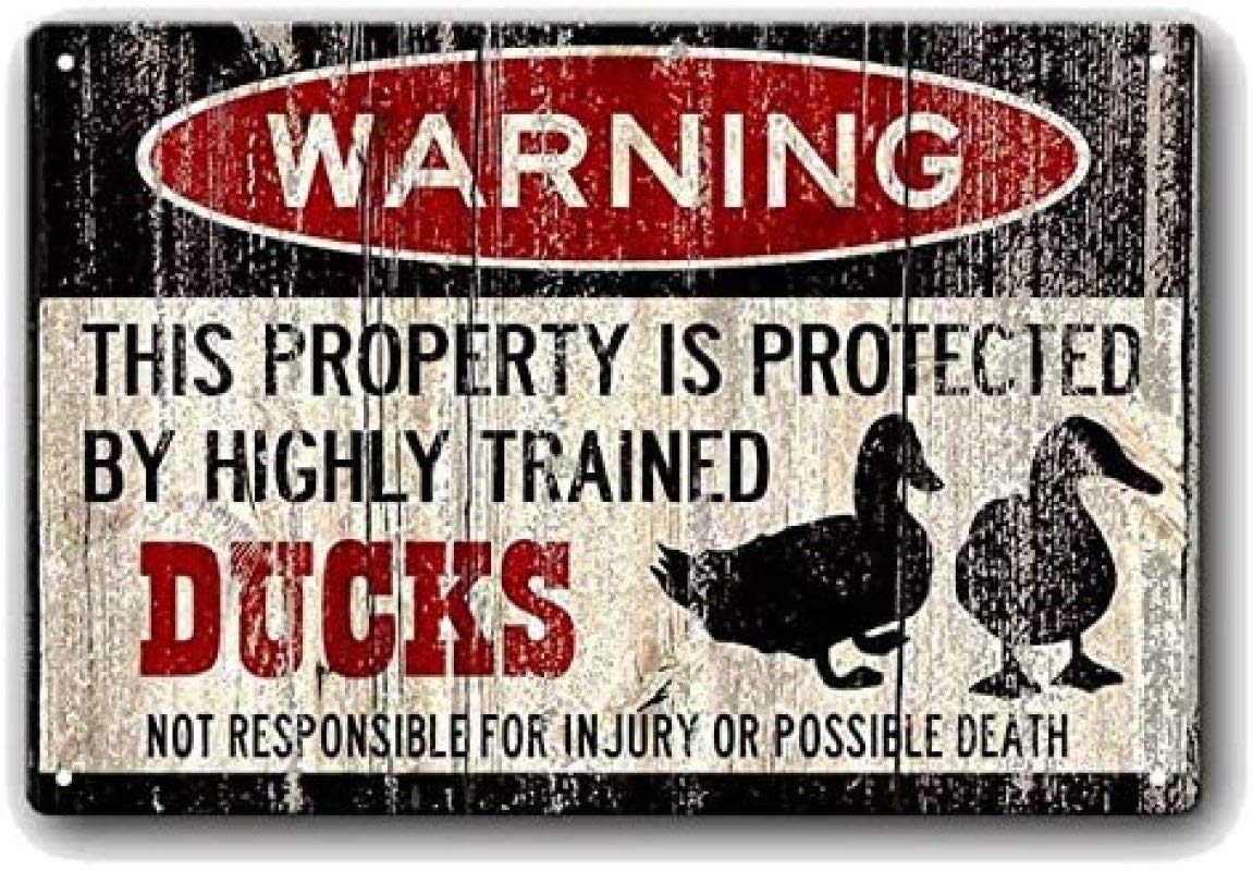 Funny Duck Warning This Property is Protected by Highly Trained Ducks -Metal Tin Sign Kitchen Pub Funny Novelty Coffee Bar 5.5x8inch Yard Garden Farm Man Cave