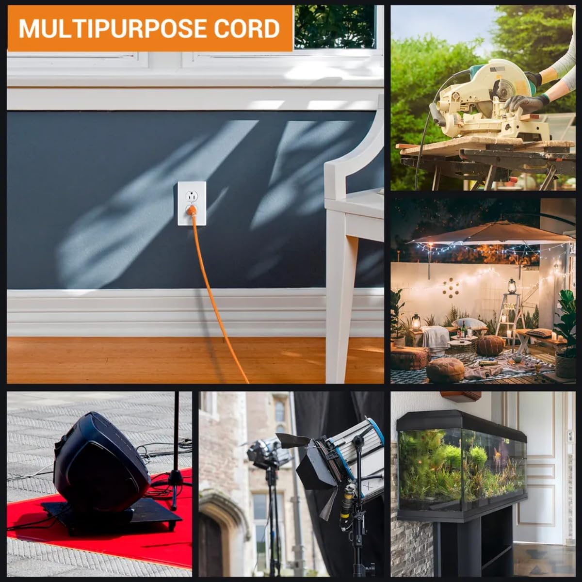 Cable de extensión para exteriores, impermeable, 25 pies, color naranja 14/3 SJTW, resistente, flexible, 100% cobre, 3 puntas para césped, cochera, certificación UL