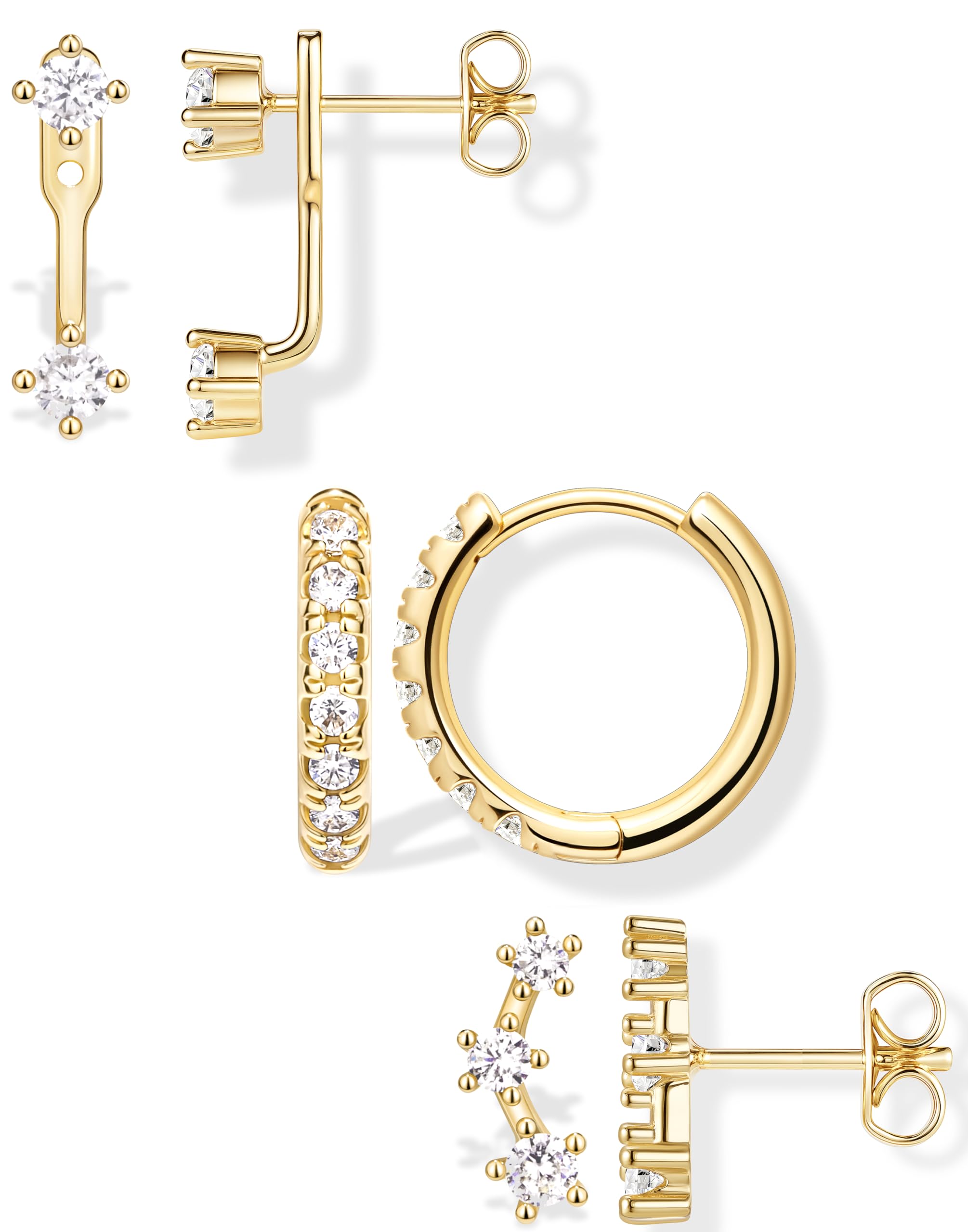 Gold Plated Stud Huggie Earrings Stack for Women Trendy, 3 Pairs Small Cute Hoop Jacket Cartilage Earring Set, Fashion Accessories Holiday Western Jewelry Christmas Gifts