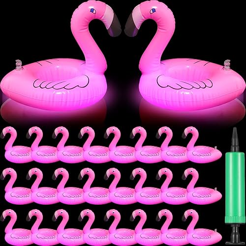 Paquete de 24 soportes inflables para bebidas con luz LED flamenco brillante flotante portavasos para decoración de fiestas regalos de verano para
