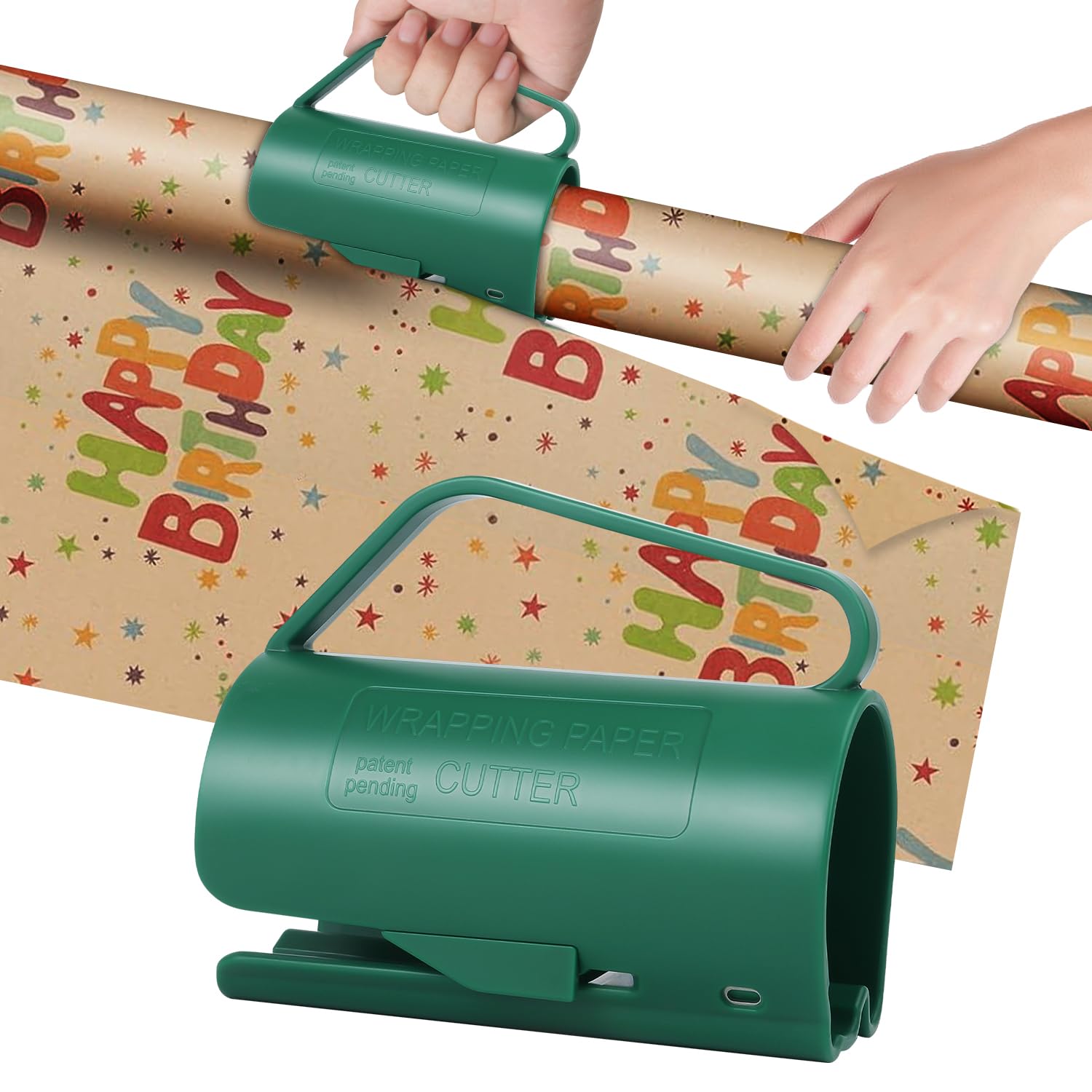 Wrapping Paper Cutter, Decoration Roll Papers Gift Wrap Cutting Tool for Birthday Thanksgiving Christmas, with Handle Easy Sliding 1-Pack Green