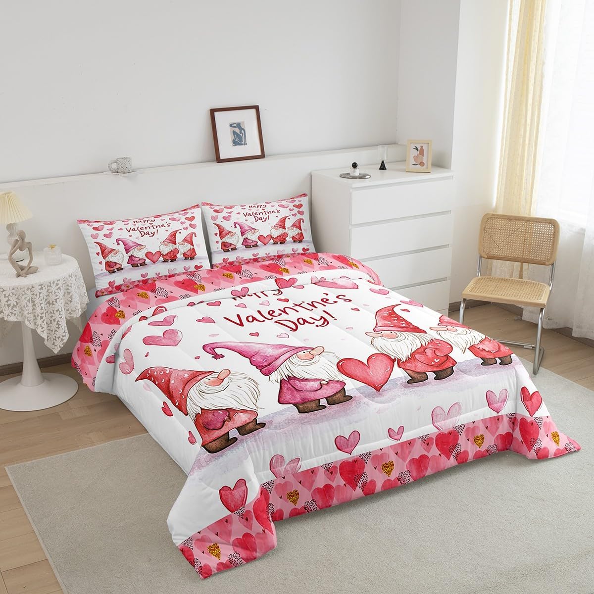 Feelyou Red Pink Love Hearts Comforter Set,Pink Gnome Bedding Set King Size for Women Girls Bedroom Room Decor,Love Hearts Print Comforter,Valentine's Day Bed Set