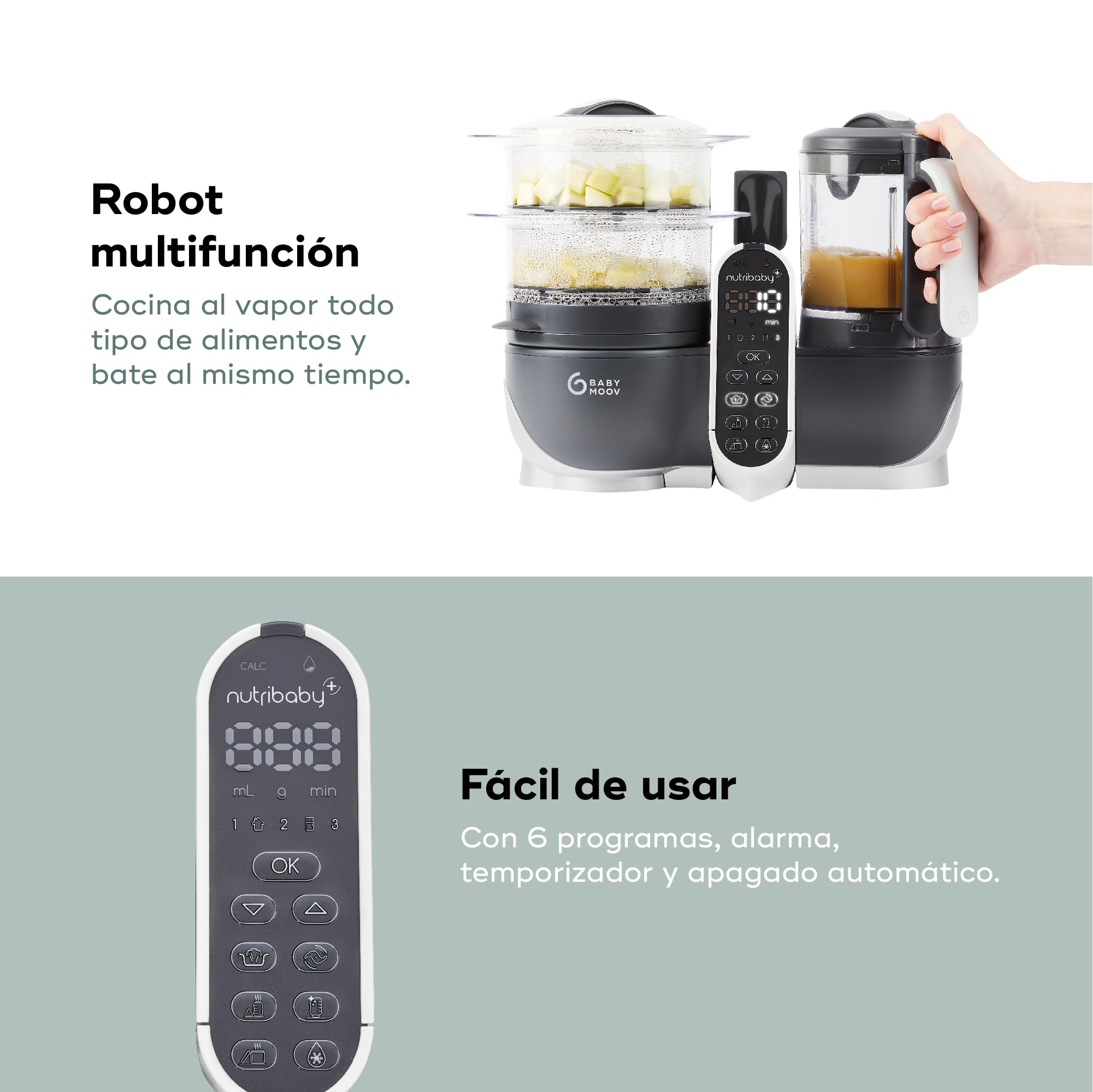 Babymoov Nutribaby(+), Robot Multifunción 6 en 1, Vaporera, Batidora, Gran Capacidad para el Bebé, Óptimo para la Cocina por Lotes, Gris