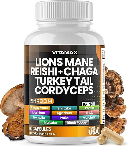 Vitamax Seta de melena de leones, 3000 mg de cola de pavo 2000 mg Chaga y Reishi 1000 mg Cordyceps Shiitake White Elm King Trompeta Nameko Oyster
