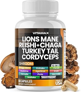Lions Mane Mushroom 3000mg Turkey Tail 2000mg Chaga & Reishi 1000mg Cordyceps Shiitake White Elm King Trumpet Nameko Oyster Focus & Energy - Made in USA 60ct