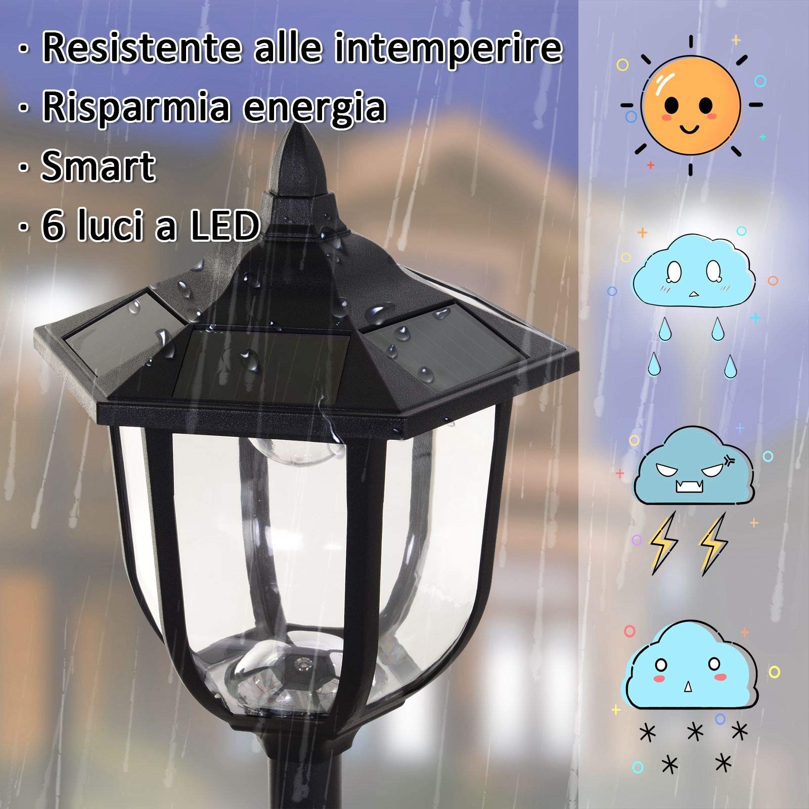 Outsunny Set 2 Lampioncini Solari da Esterno, Lampade da Giardino a Energia Solare 6 Luci LED IP44, Ø26.5 x 177cm, Nero