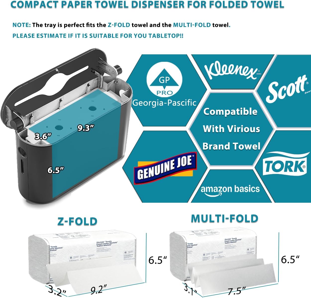 Multifold Paper Towel Dispenser Countertop - Compact Folded Paper Towel Holder for Kitchen/Bathroom, Black Space-Saving Design, Compatible with Marathon Folded Paper Towel - Image 3